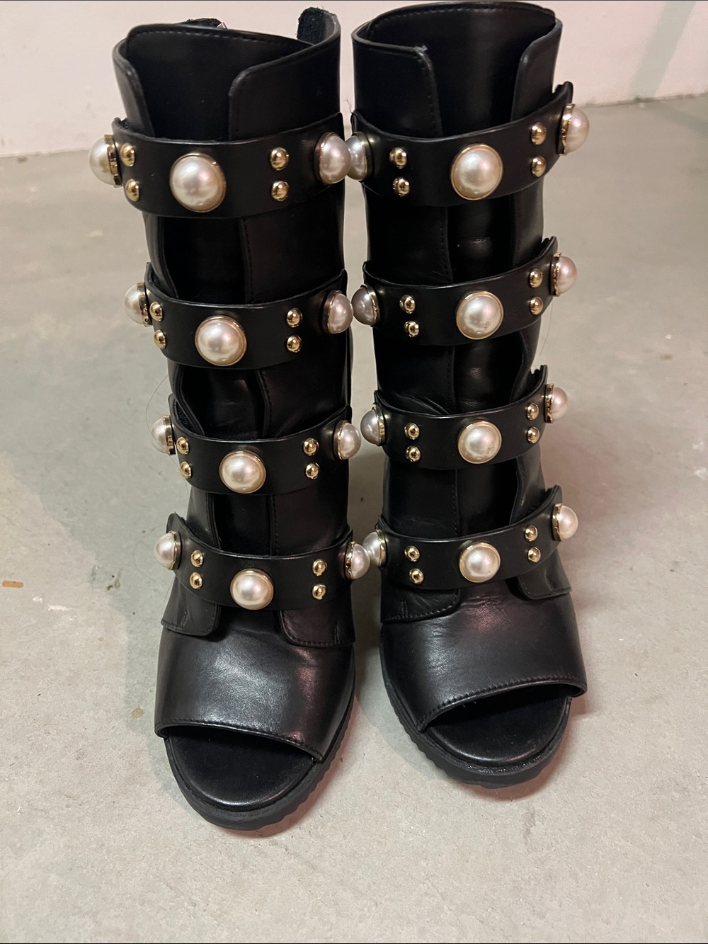 Karl Lagerfeld Black Pearl-Studded Strappy Open-Toe Boots